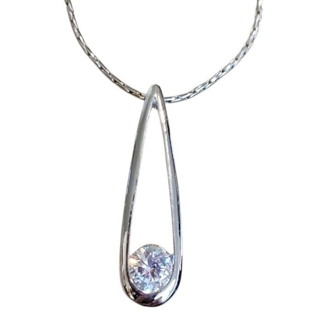 Cookie Lee Silvertone Sparkling CZ Modern Drop Pendant Necklace Reflective Chain - Picture 2 of 10